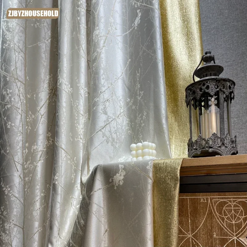 

New American Modern Light Luxury Curtains for Living Dining Room Bedroom Champagne Curtain Milk Tea High Precision Jacquard