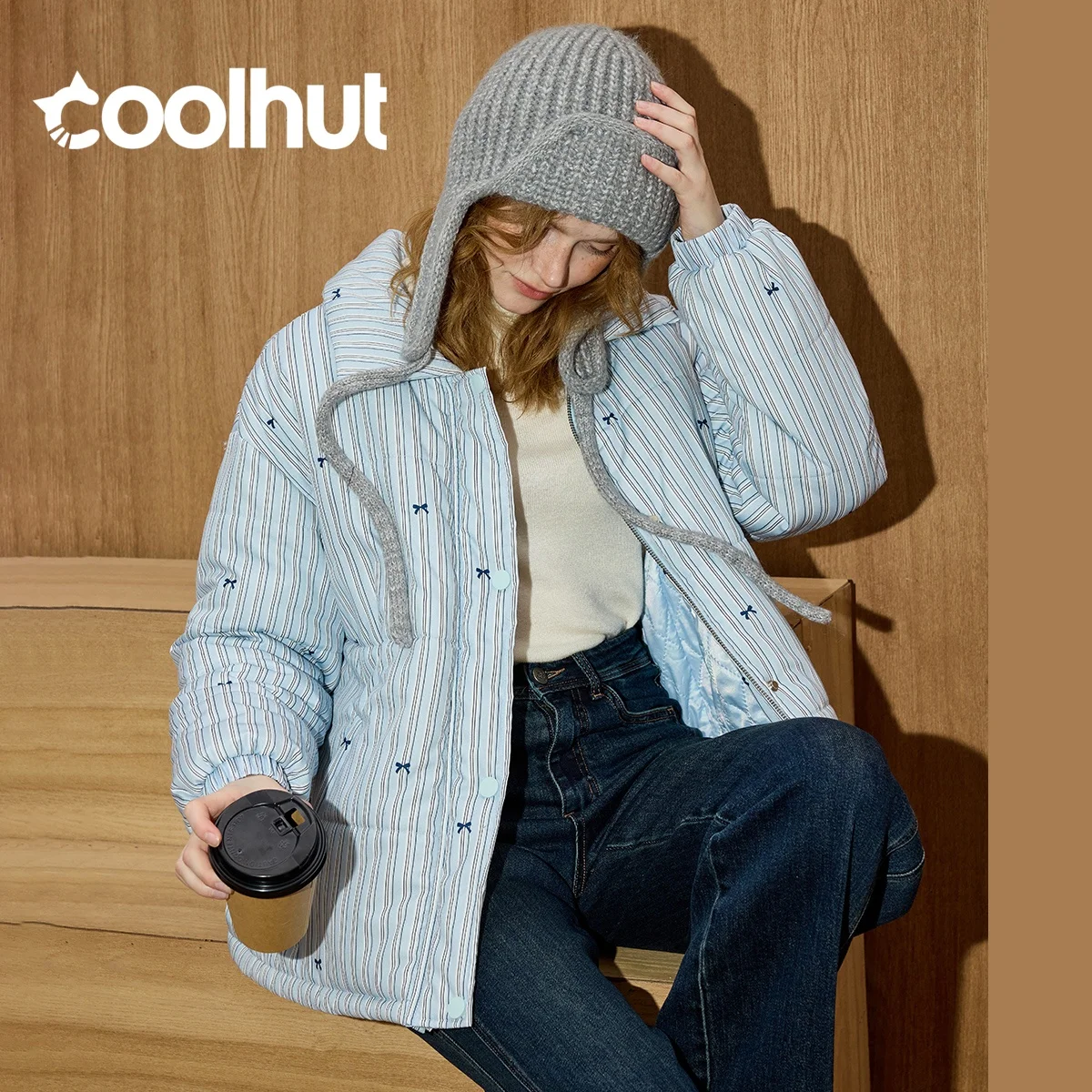 COOLHUT جديد مريح صالح الشريط التعادل المرأة معطف الشتاء مخطط الوقوف طوق سترة أفخم مبطن ملابس خارجية نمط أناقة غير رسمية #3