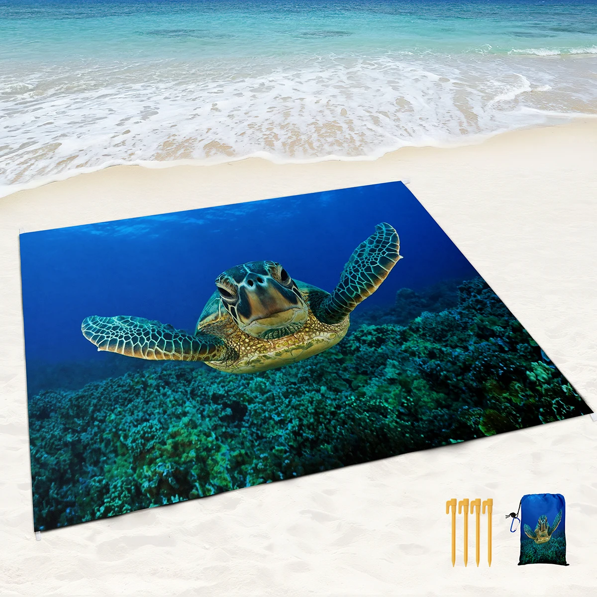 Sea Turtle Beach Blanket Sandproof Waterproof Sand Free Mat with Corner Pockets and Mesh Bag for Outdoor,Picnic,Travel,Beach