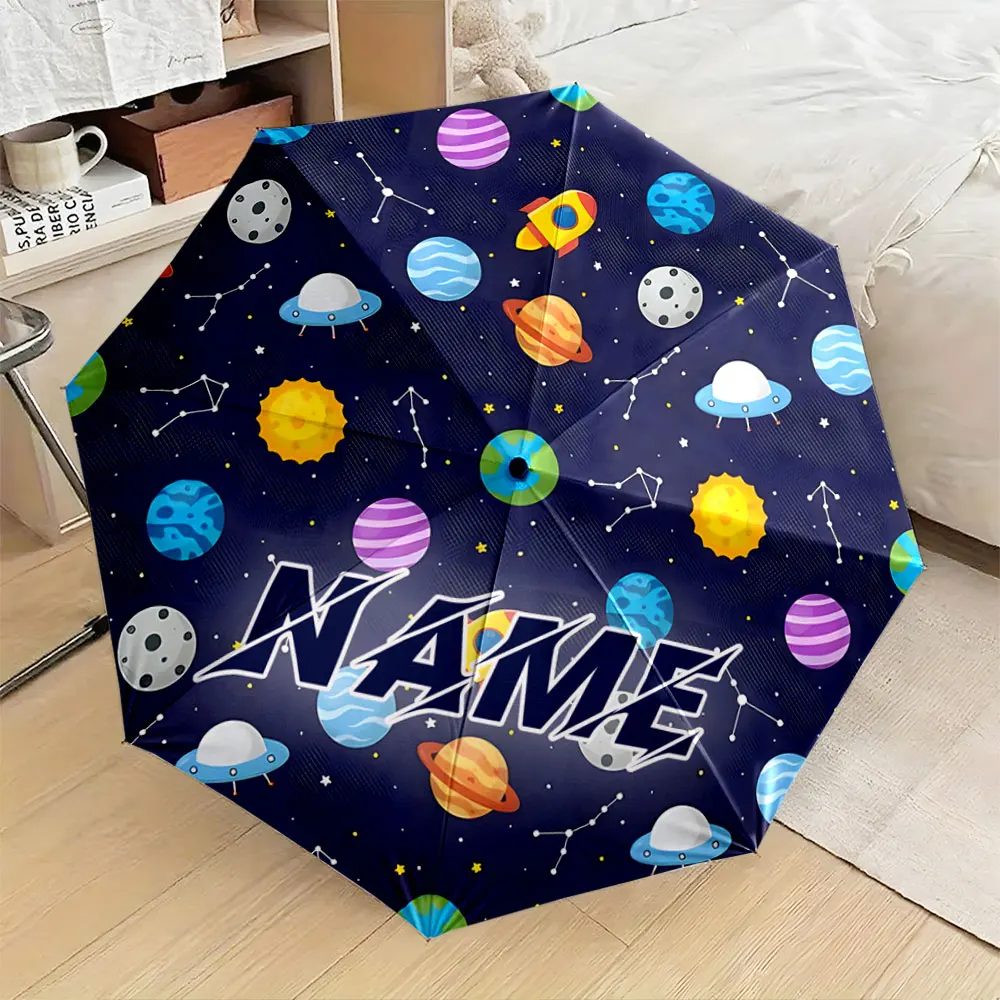 Custom Name Umbrella, Colorful Space-Themed Umbrella with Planets and Rockets Folding Umbrella for Sunny and Rainy,Gift