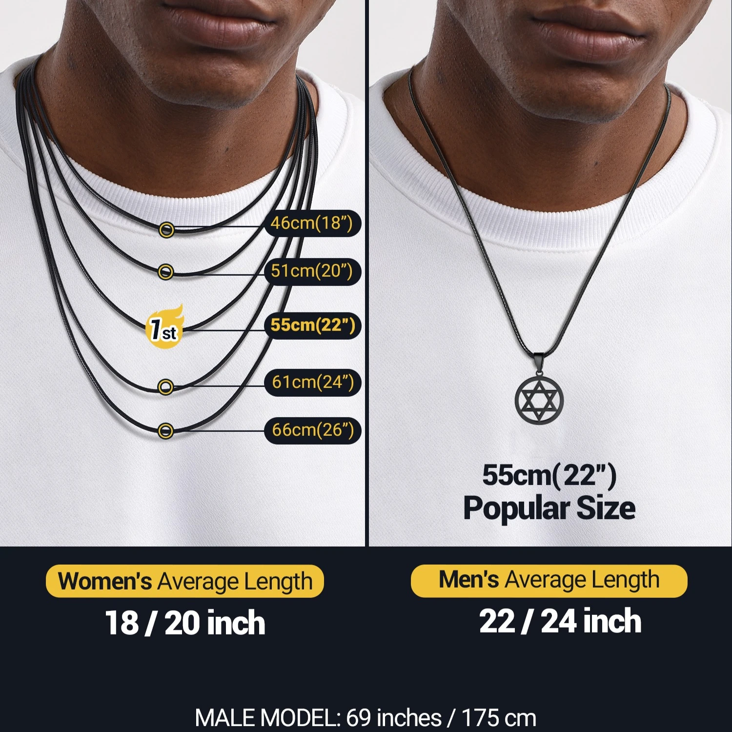ChainsPro Star of David Necklaces for Men Women Length 16-24 Inches Black Leather Cord 316L Stainless Steel Unisex Jewelry
