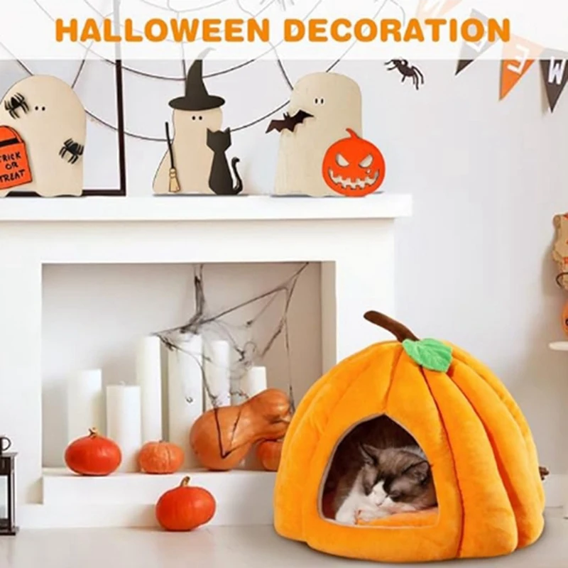 Pumpkin Cat Bed, Cat Beds For Indoor Cats Pumpkin Shape Cat Cave Bed,Cat Tent With Removable Cushion