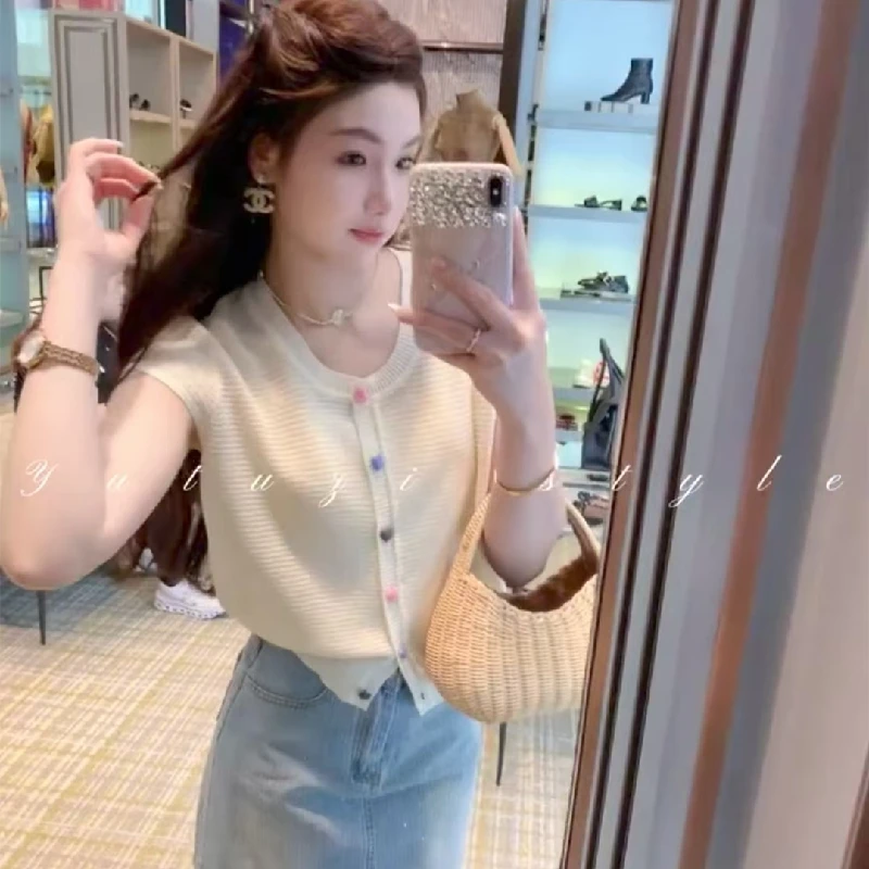 سترة محبوكة صيفية لعام 2025 تي شيرت نسائي بأكمام قصيرة ورقبة دائرية ملابس تريكو متينة أنيقة وأنيقة للسيدات #6