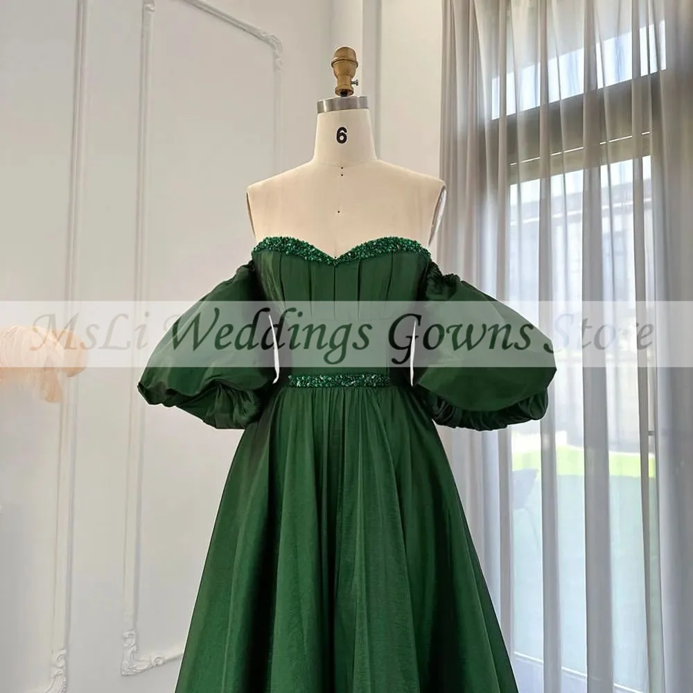 Vestidos de graduación de Dubái verde esmeralda para mujer, cuentas de satén sin tirantes, manga abullonada, vestido de noche para fiesta de celebridades, vestidos hechos a medida