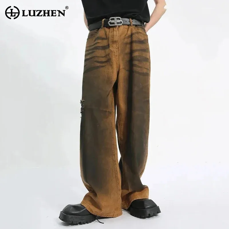 

LUZHEN Personality New Street Men's High Ripped Fashion Jeans Contrast Color Retro Style Mid-rise Loose Male Denim Pants 9C5742