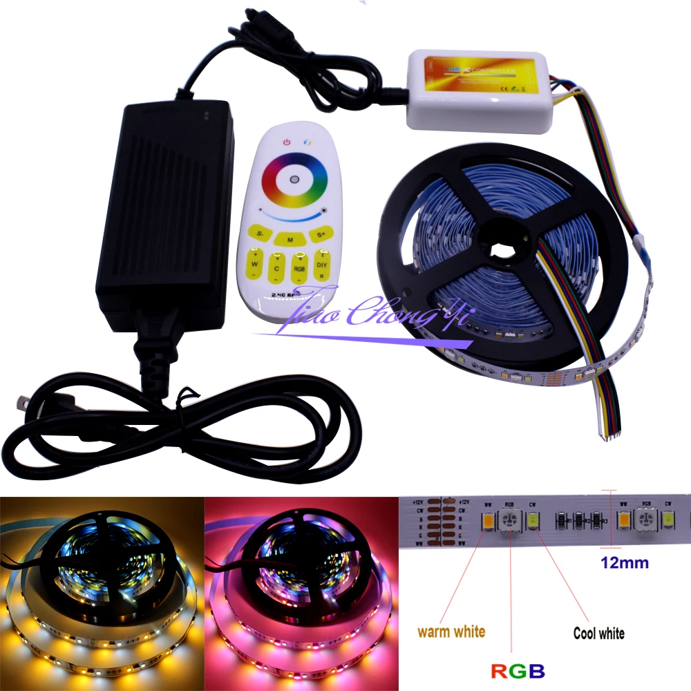 5M 5050 led strip light RGBCCT 90led/m 5050 RGB+2835 White / Warm White +2.4G RF RGBWC controller+ 12v 6A power kit