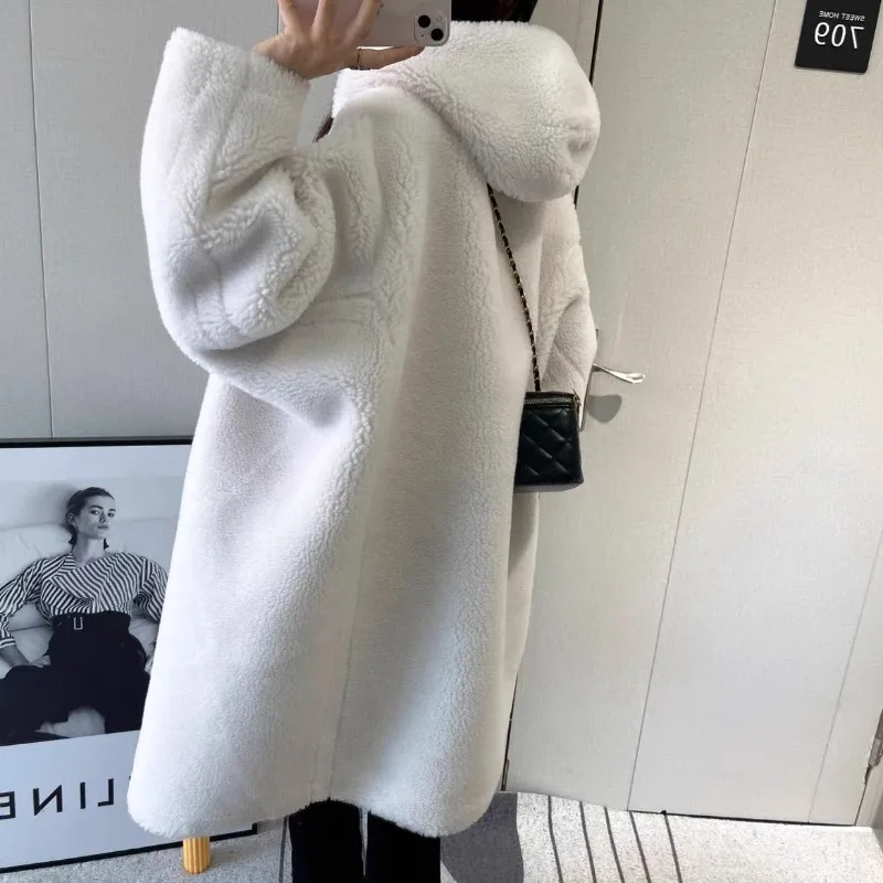2023 Lamb Fleece Long Coat Women Korean Version Warm Jacket Loose Lazy Style Overcoat Thickening Temperament Hooded Outwear