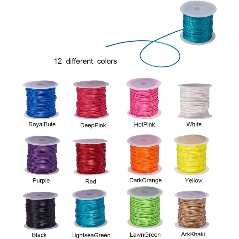 12 Colors About 130 Yards Round Waxed Polyester Cord 1mm Macrame Craft DIY Thread Rattail Beading String for Jewelry Making