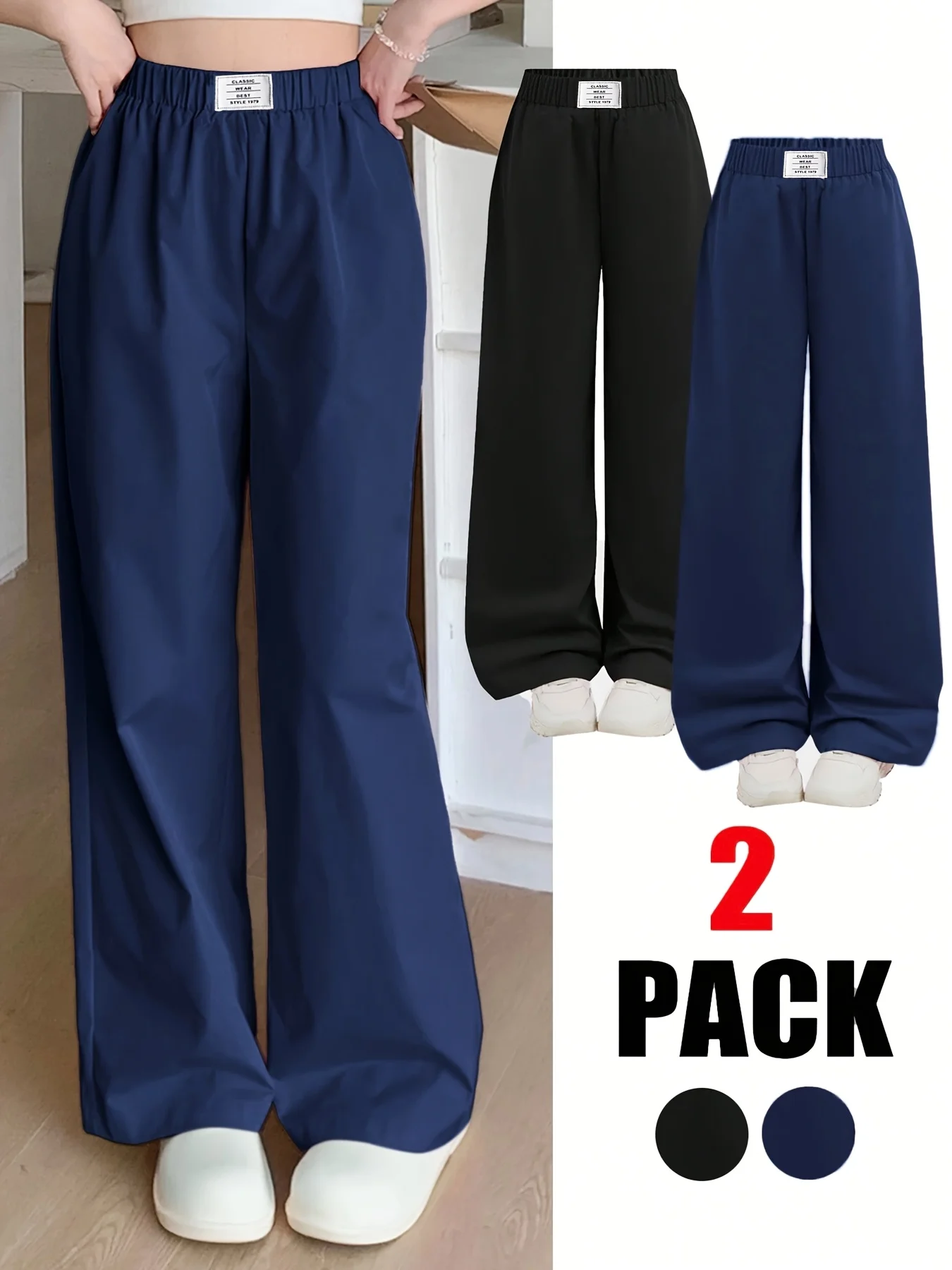 2er-Pack Mädchen-Freizeithosen mit hohem Bund und weitem Bein (Schwarz & Marineblau) – einfarbig, elastischer Bund, fließende, bodenlange Hosen – Detail 1