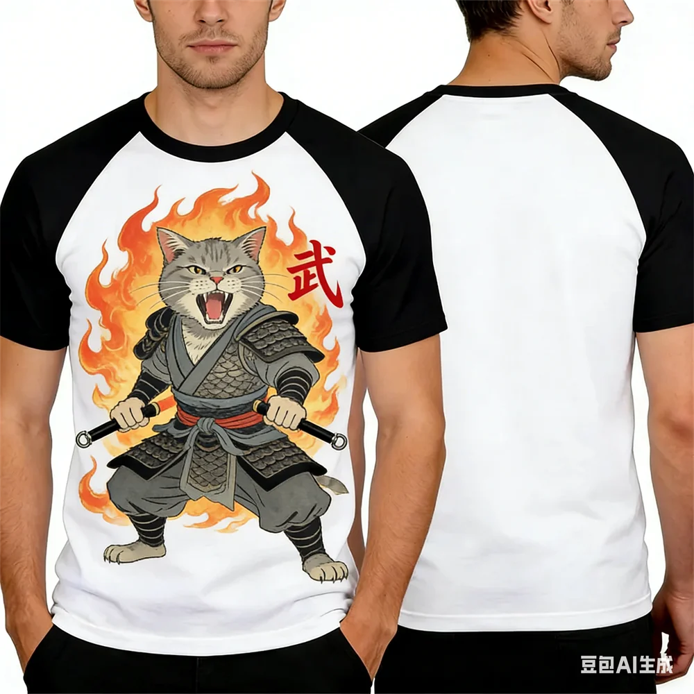 

Funny 3D Samurai Cat Pattern Print Men's T Shirt Summer Casual O-neck Short Sleeve Loose Tops Hip Hop Trend Street Tee Clothing