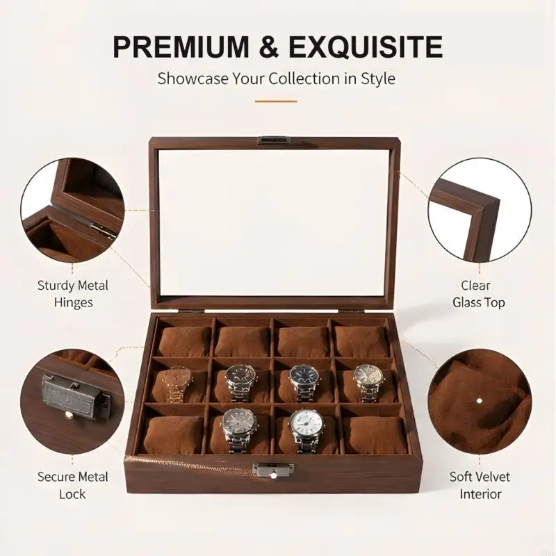 Traditional Watch Holder For 12 Pieces Includes Sturdy Glass Cover E0BF