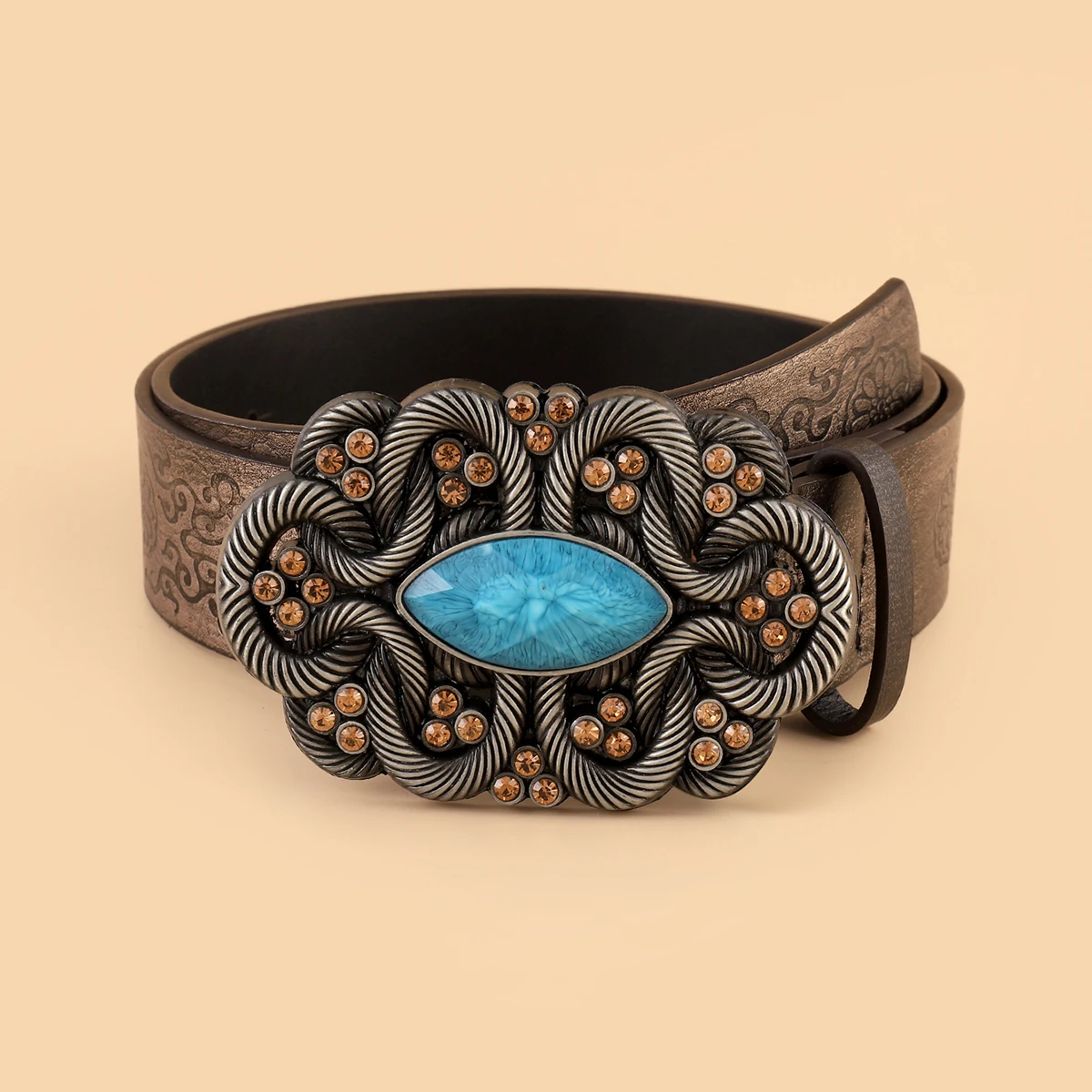 

Fashion Classic Rhinestone Detail with Turquoise Flower Pattern Belt for Women