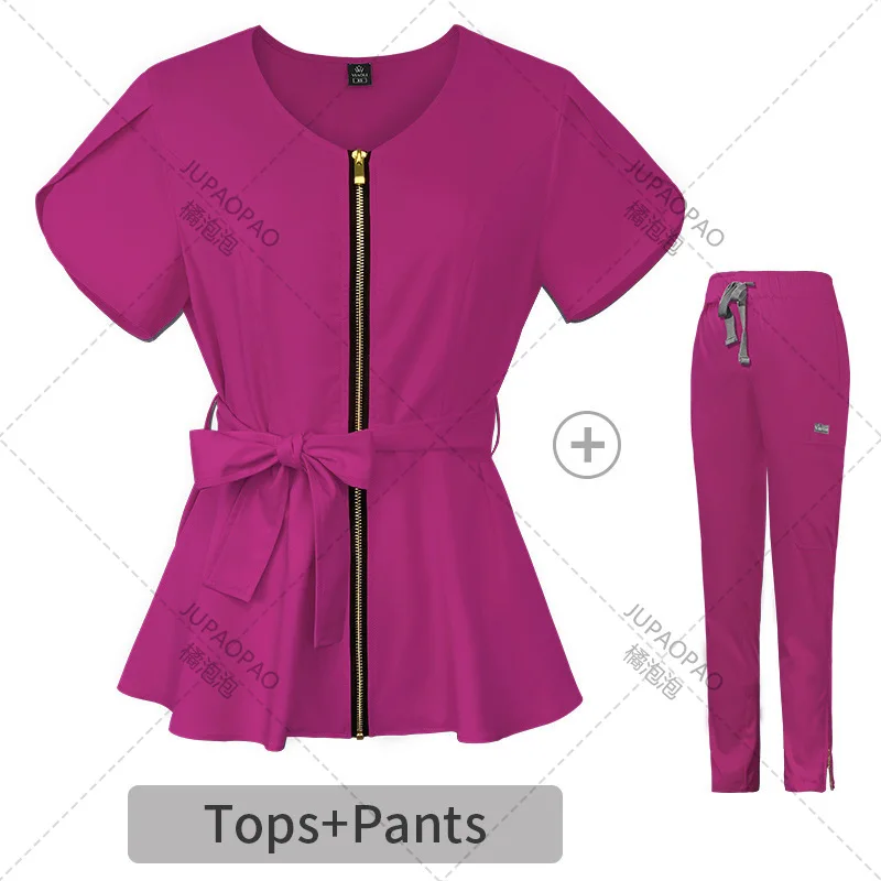 Uniforme de enfermería, ropa de trabajo, Tops y pantalones, traje de enfermera de Color sólido, blusa de bolsillo de manga corta, ropa de trabajo de odontología y farmacia