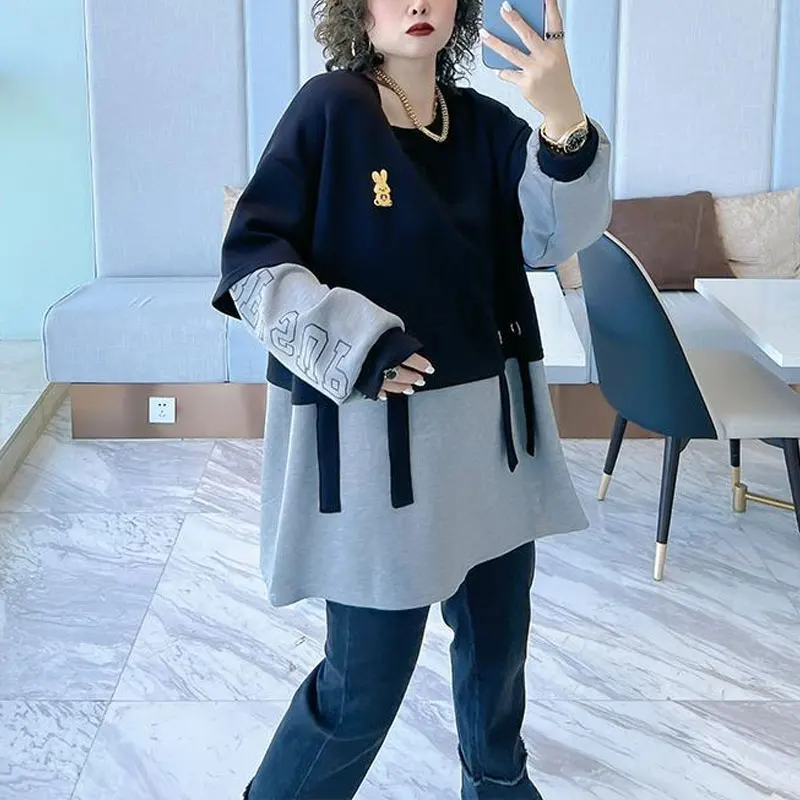 Casual Korean Loose Patchwork Pullovers Spring Autumn New Letter Fake Two Pieces Women\'s Clothing Fashion Embroidery Sweatshirts