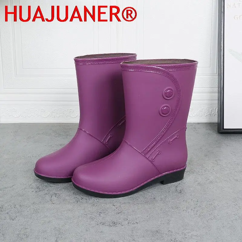 Rain Boot Women Plus Velvet Fashion Outer Wear Middle Women Raining Boots Waterproof Non-slip Ladies Adult Water Shoes