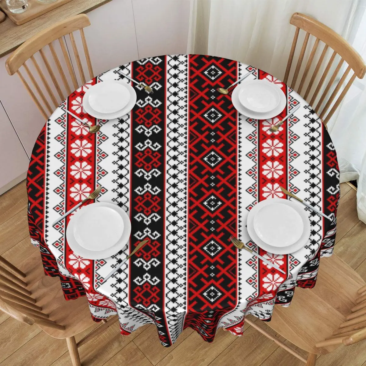 Custom Ukraine Style Vyshyvanka Embroidery Tablecloth Waterproof Oil-Proof Table Covers 60 inch Bohemian Geometric Table Cloth