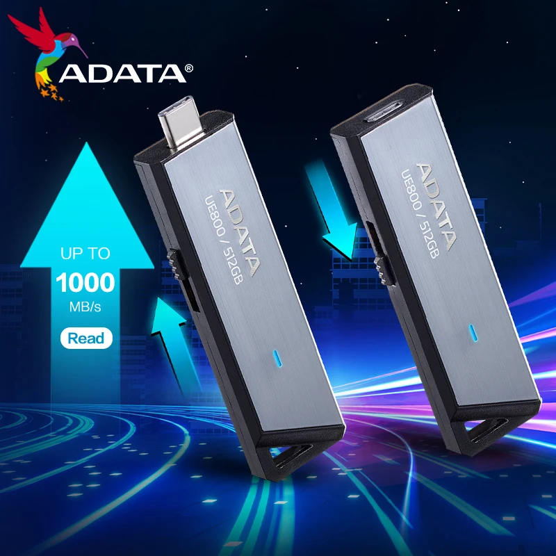 

Флеш-накопитель ADATA UE800 USB3.2 Gen2 со скоростью чтения до 1000 МБ/с, USB Type-C, выдвижной, без крышки, 128 ГБ, 256 ГБ, 512 ГБ, 1 ТБ
