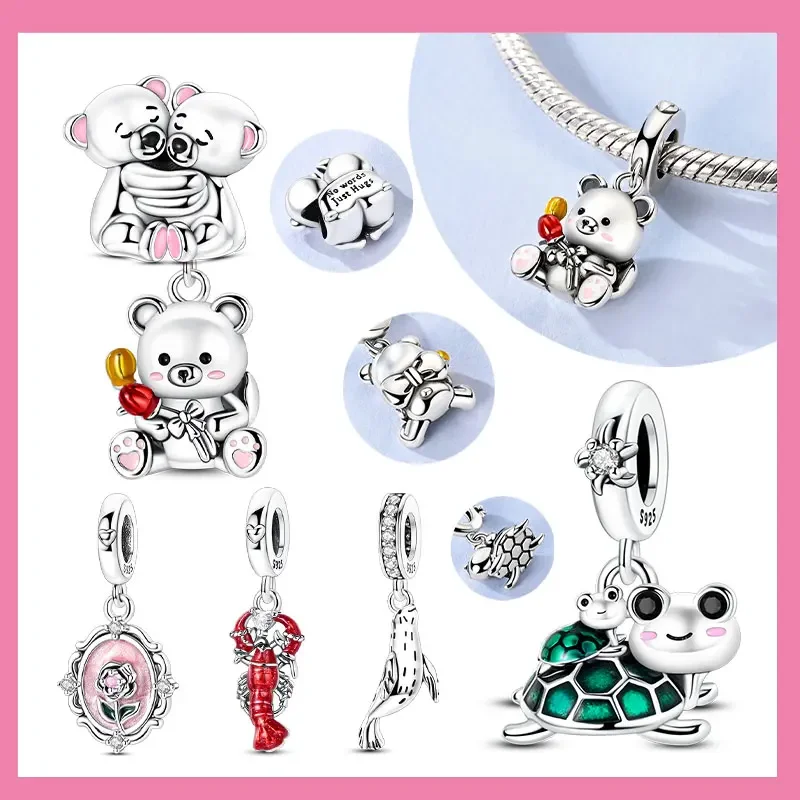 925 Sterling Silver Animal series turtle parent-child Charm Beads bear Hug the flowers Fit for Bracelet DIY  Jewelry Gift
