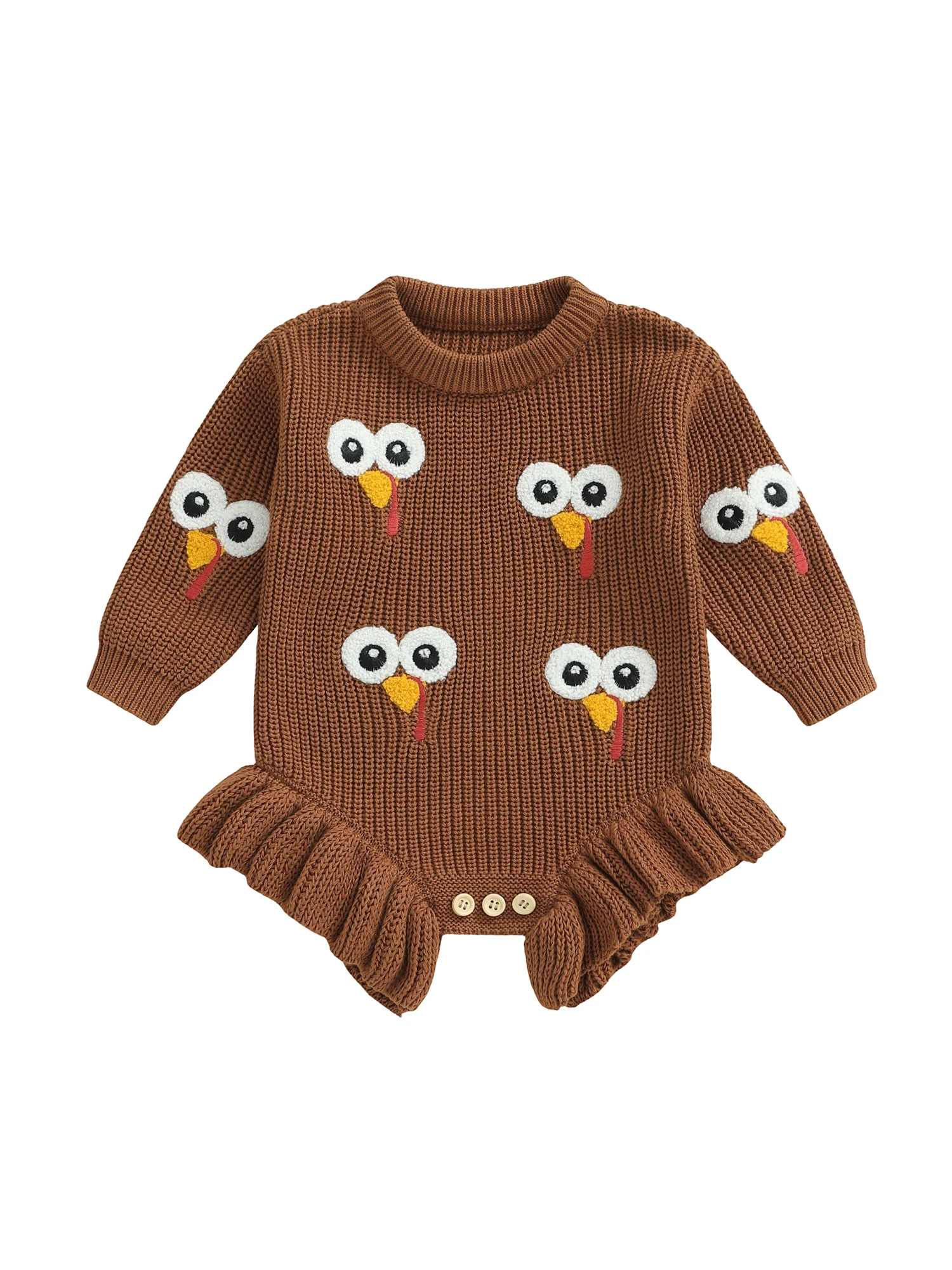 

Thanksgiving Baby Knit Romper with Turkey Embroidery and Ruffle Detail Long Sleeve Round Neck Bodysuit Sweater for Infants