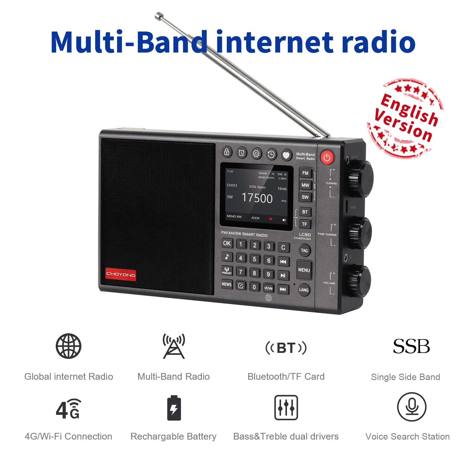 

CHOYONG LC90 WIFI/4G Multi-Band Smart Internet Radio Portable AM/FM,Longwave & Shortwave Radio Receiver with SSB