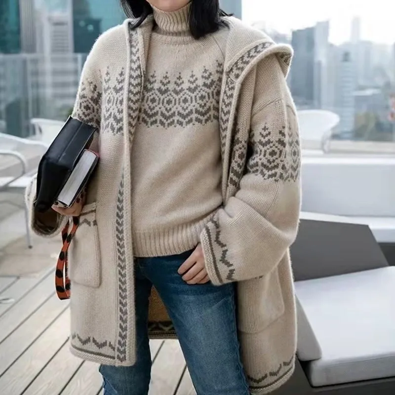 

Женский длинный кардиган из 100% шерсти Merino с капюшоном, осень-зима, толстый тяжелый вес, повседневная модная вязаная кашемировая куртка-свитер