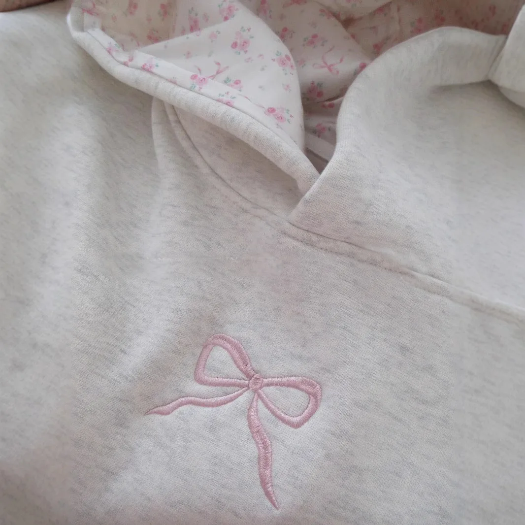 Cotton Simple Floral Letter Bow Pattern Gray Pullover Sweater Top American Retro Trend 2025 New