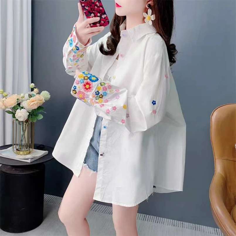2023 frühling Sommer Trend Stickerei Baumwolle Blusen Shirts Für Frauen Lange Hülse Lose Beiläufige Shirts Tops Camisas De Mujer