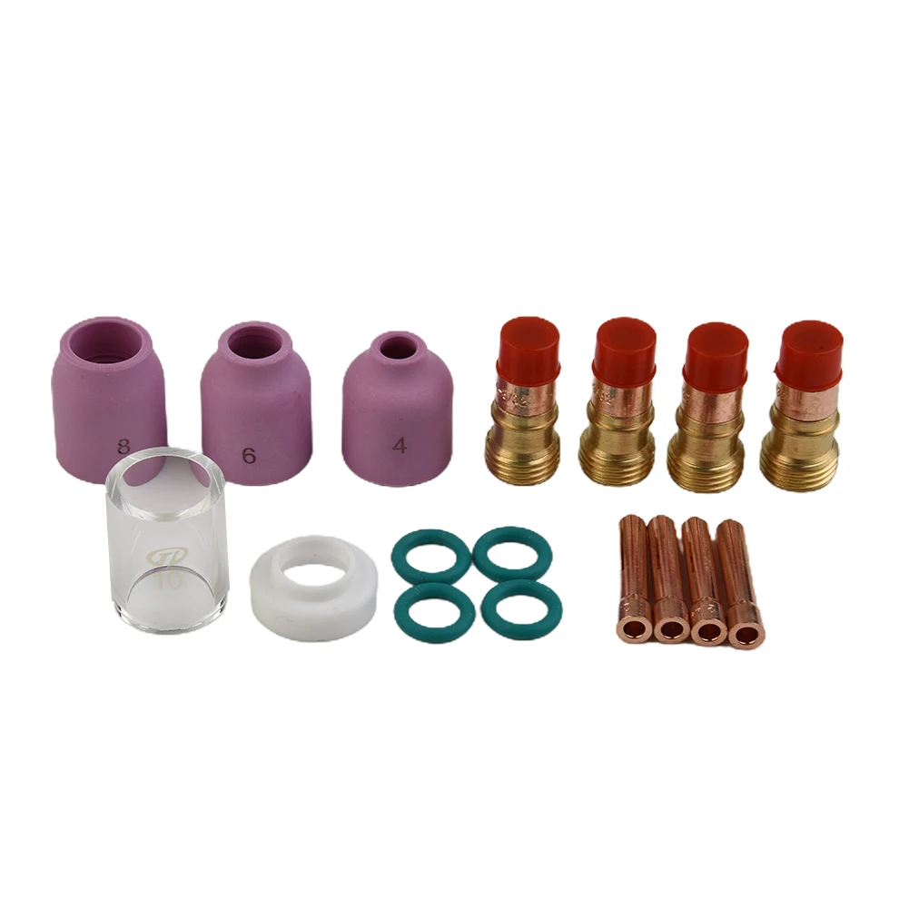Complete 18pcs TIG Accessory Kit for Stubby Gas Lens Including Ceramic Nozzles and Heat Resistant Glass Cups WP17/18/26 2 4mm