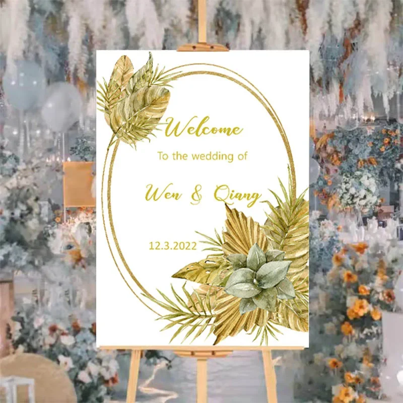 Bohemian leaves flower WEDDING card SIGN personalized with name date any text photos of bride and groom party celebrations decor