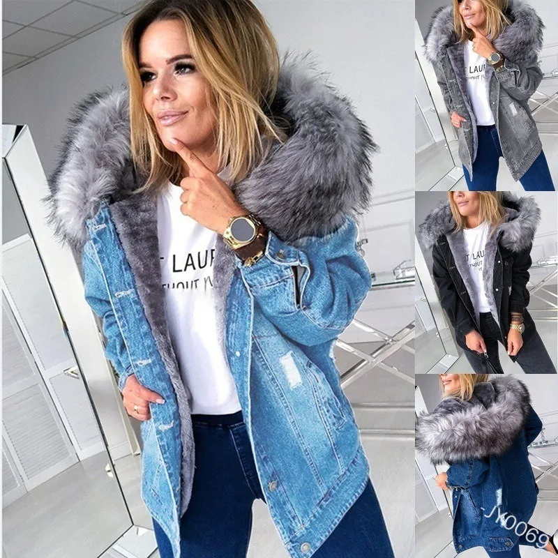 European and American retro hooded large fur collar denim jacket stylish, casual, warm, mid-length, ripped and distressed jacket