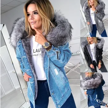 Image European and American retro hooded large fur collar denim jacket stylish, casual, warm, mid-length, ripped and distressed jacket