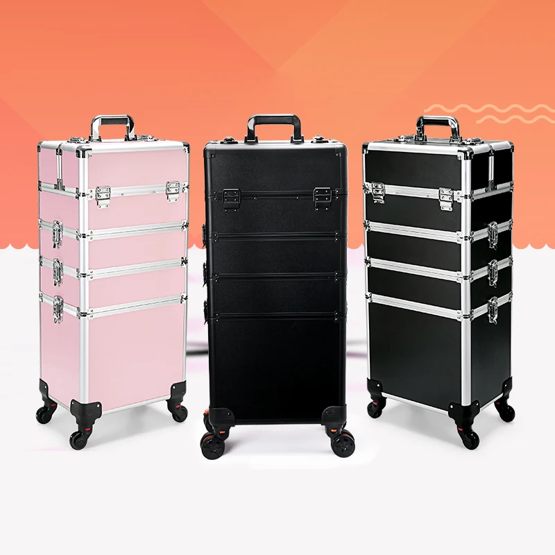 4 in 1 Professional Makeup Train Case Aluminum Rolling Cosmetic Case On Wheels Artist Makeup Organizer Storage with Trays