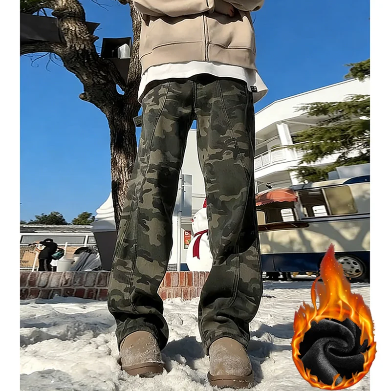 2025 Men Winter Daily High Street Bootcut Jeans Male Fashion Thickened Warm Windproof Loose Straight Leg Camouflage Pants