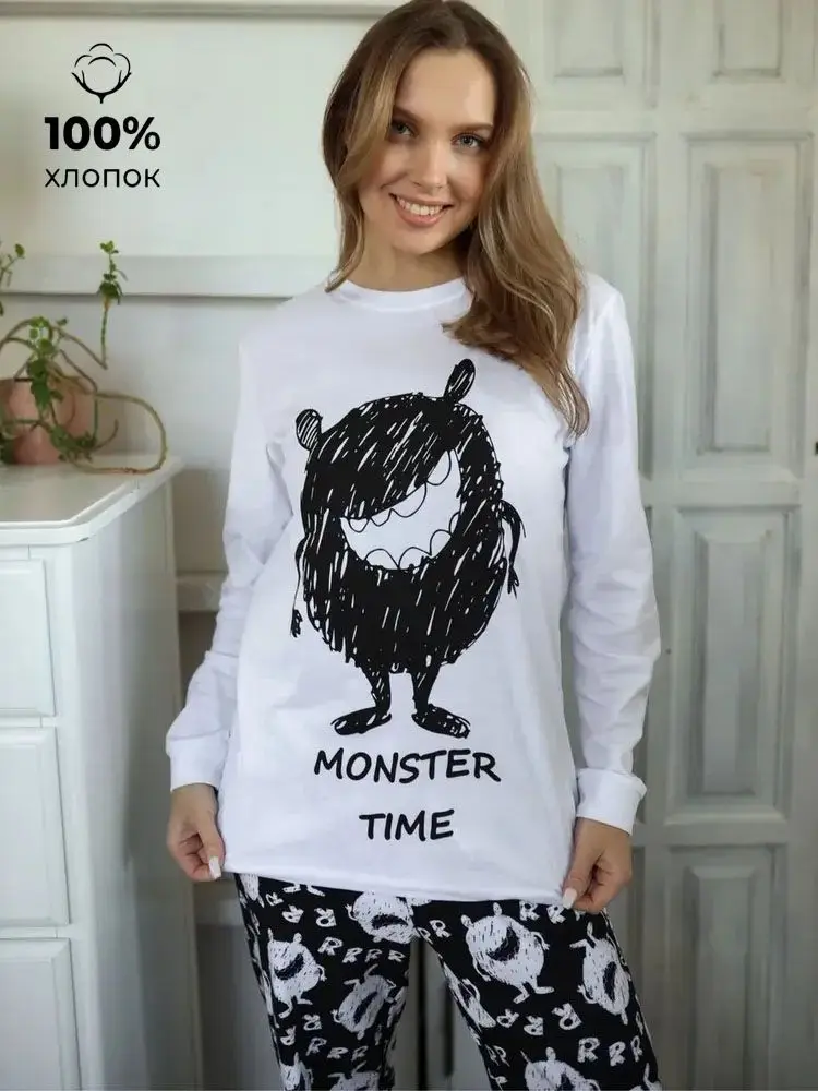 

Русский милый монстр, футболка из 100% хлопка с длинными рукавами, тонкий свитшот, пуловер, свободные женские милые базовые осенние топы большого размера