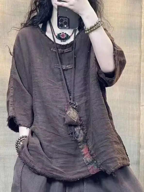 レトロな風合いのリネン素材、2025年夏向けレディース通勤服、ゆったりフィット、七分袖、ラウンドネック、無地、個性的なダメージ加工