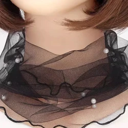 Women Lace Beaded Neck Cover Mesh Fake Pearl Collar Scarf Lady Summer Sunscreen Scarves Organza Elastic Small Neckerchief New