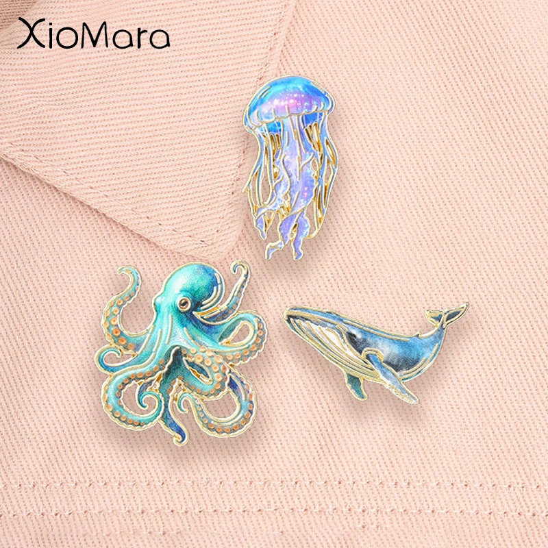 Ocean Animal Enamel Pins Cartoon Octopus Whale Jellyfish Fantasy Marine Creature Brooches Lapel Badge Jewelry Accessories Gifts