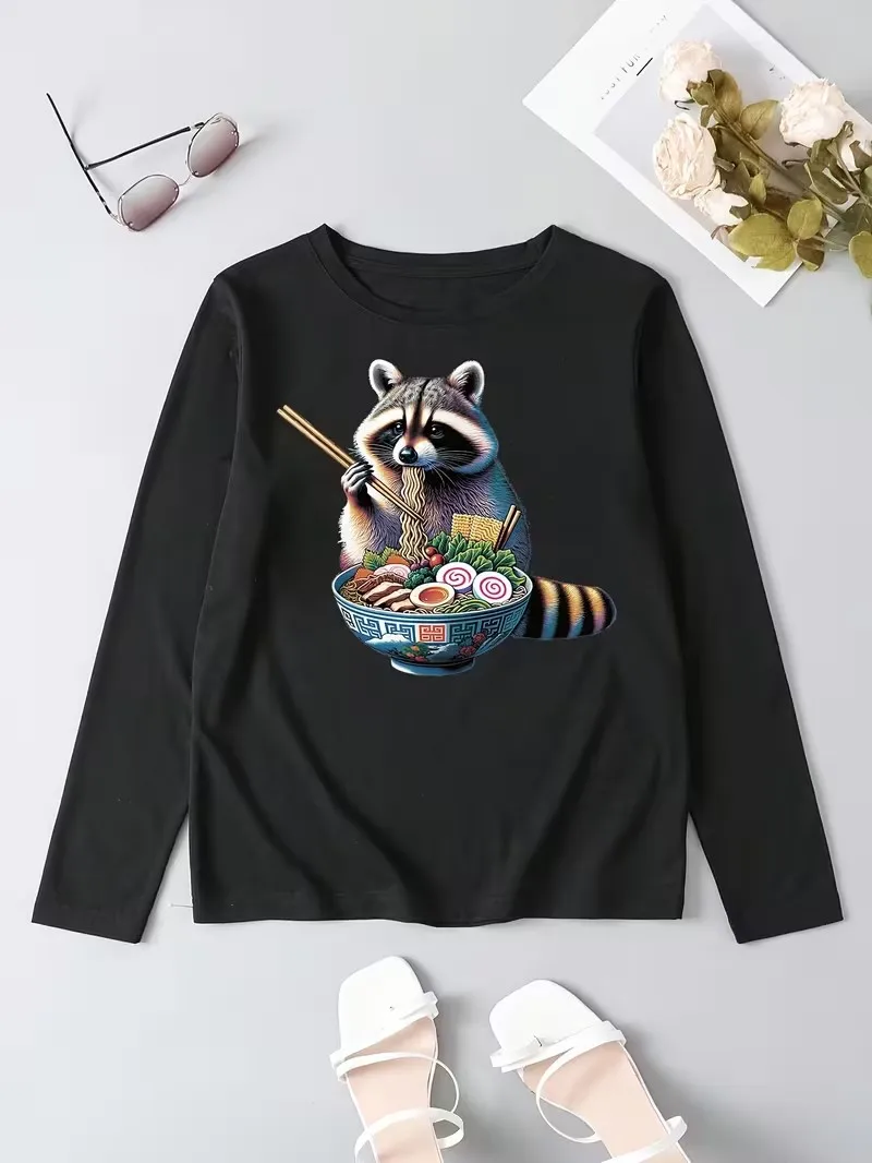 Kawaii Japanese Style Bear Eat Ramen 100% Cotton Long Sleeve T-Shirt Graphic Casual Round Neck Women'S Top Tee for Fall Winter