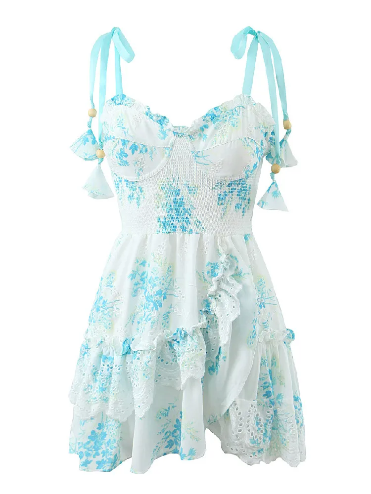 2022 feriado bordado branco com flor azul impressão borla bola laço até sling vestido feminino cruz babados hem mini robe boho