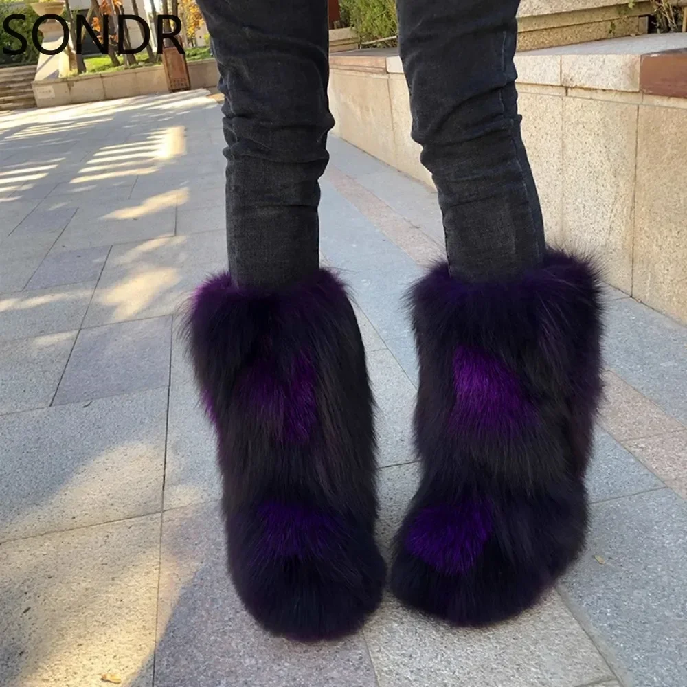 Womens Round Toe Mid Calf Boots Real Arctic Fox Fur Furry Hidden Heel Warm Winter Snow Shoes Thick Match Colors