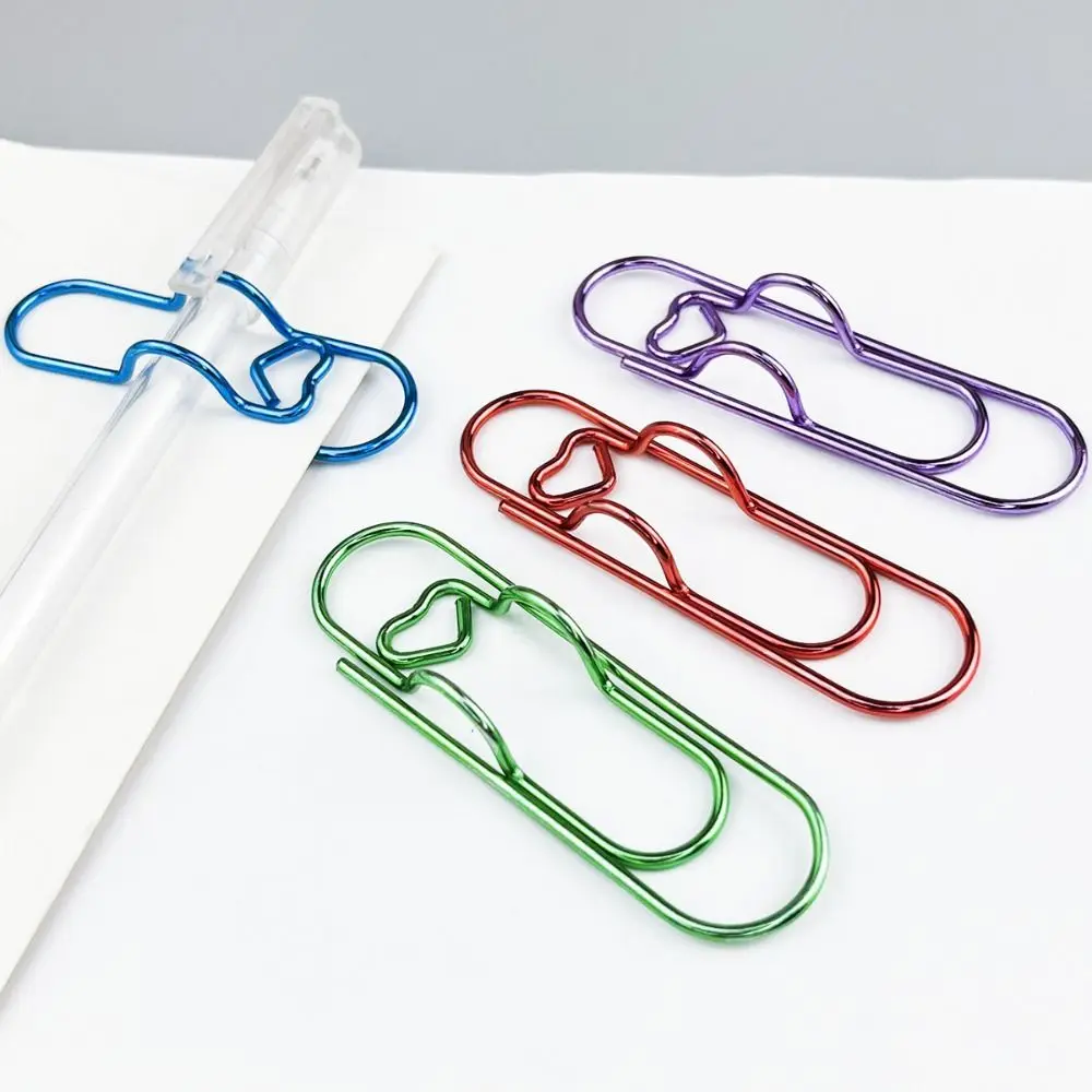 30Pcs Rose Red/ Red/ Blue/ Green/ Purple Metal Pen Clip 7*2 Cm Heart Shape Design Metal Pencil Clip Electroplating Metal