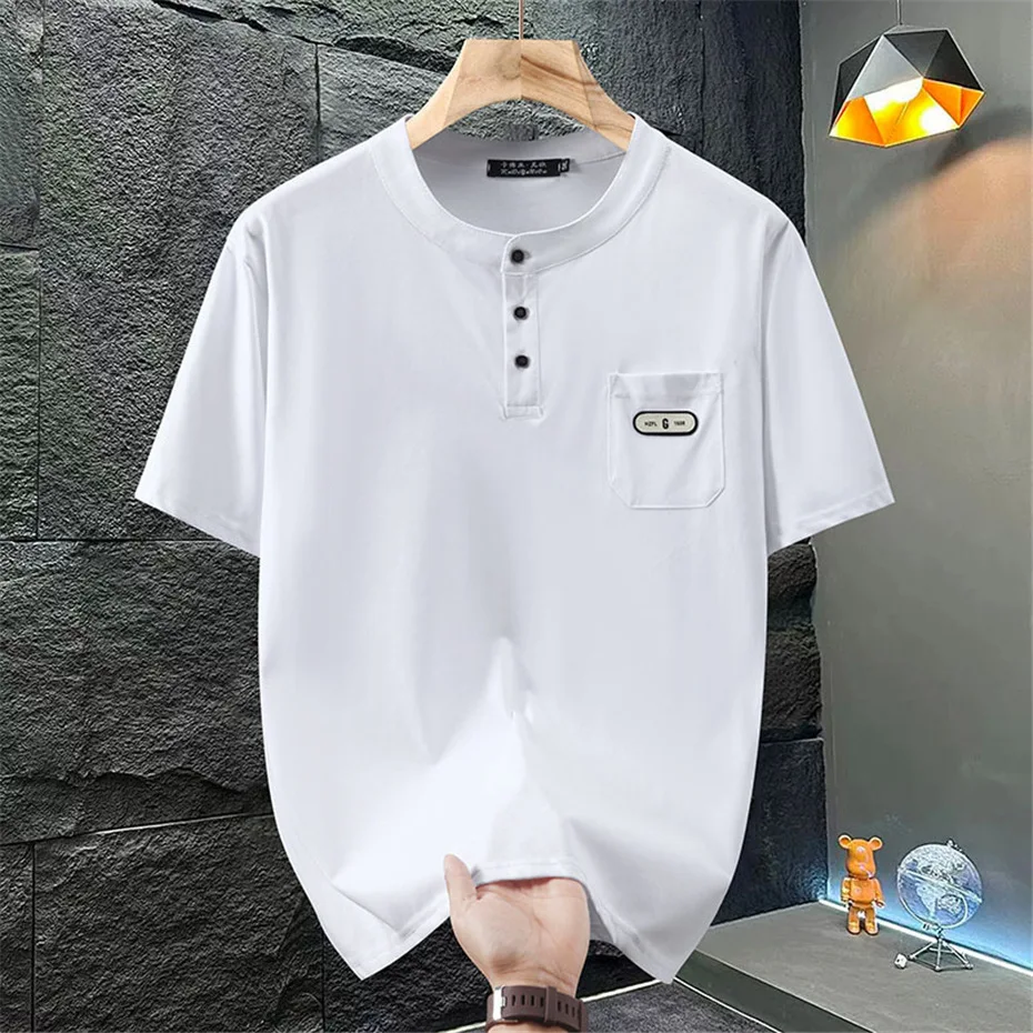 Henry Collar T-shirt Men Plus Size 10XL 11XL Summer Short Sleeve Tops Tees Fashion Casual Solid Color Tshirt Male Big Size - Image 3
