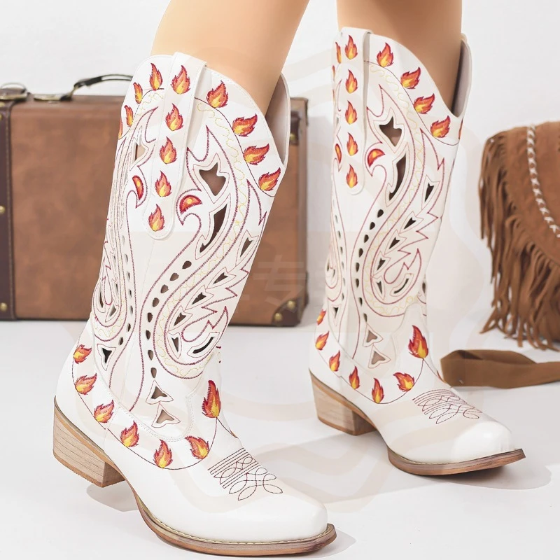 New Arrival Women's Shoes Retro Flame Embroidered Cowboy Boots for Woman Handmade Knee High Boots Designer Shoes Botas De Mujer