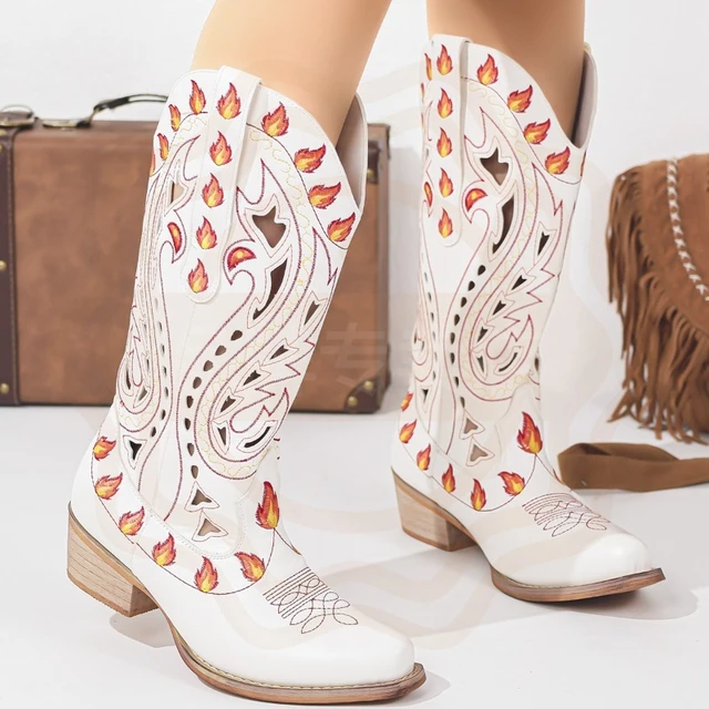 Nueva Llegada, Zapatos de Mujer, Botas Vaqueras Retro con Bordado de Llamas, Botas Altas Hechas a Mano, Zapatos de Diseñador, Botas de Mujer