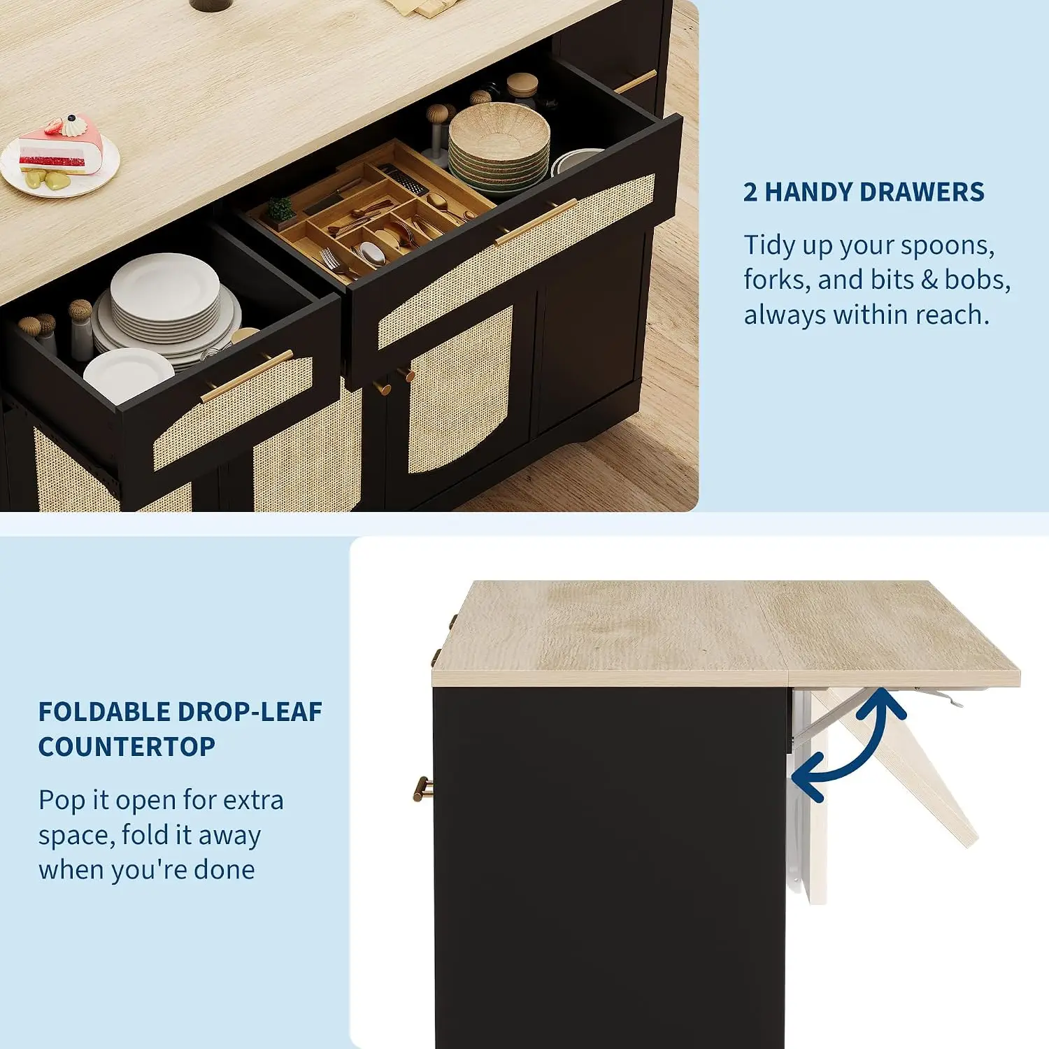 Rattan Kitchen Island Cart Drop Leaf Tilt-Out Trash Cabinet Drawers Spice Rack 2-Door Rolling Table Wood Top Black, Customized