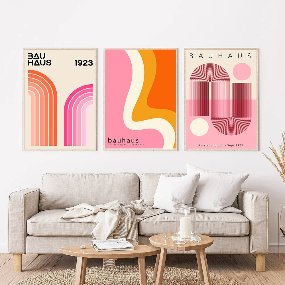 Pink Bauhaus Exhibition Retro Abstract Line Wave Wall Art Canvas Painting Nordic Posters Prints Wall Pictures Living Room Decor