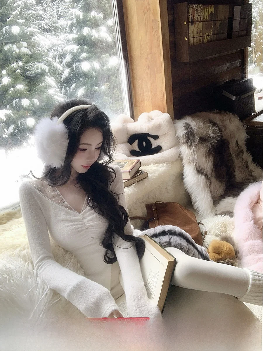 

Sy Women's Knitted V-Ne Faux Fur Me Splice Base irt Ele Sle Long Sve Soft Polyester Blend Winter Faion