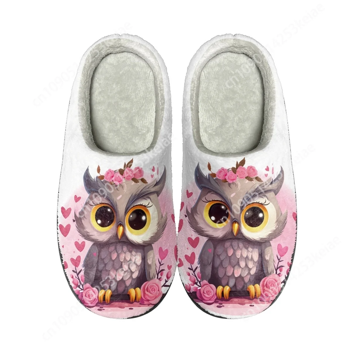 

Custom Winter Women's Shoes Cute Pink Owl Cartoon Household Cotton Slippers Men Indoor Warm Plush Footwear Non-Slip Slides