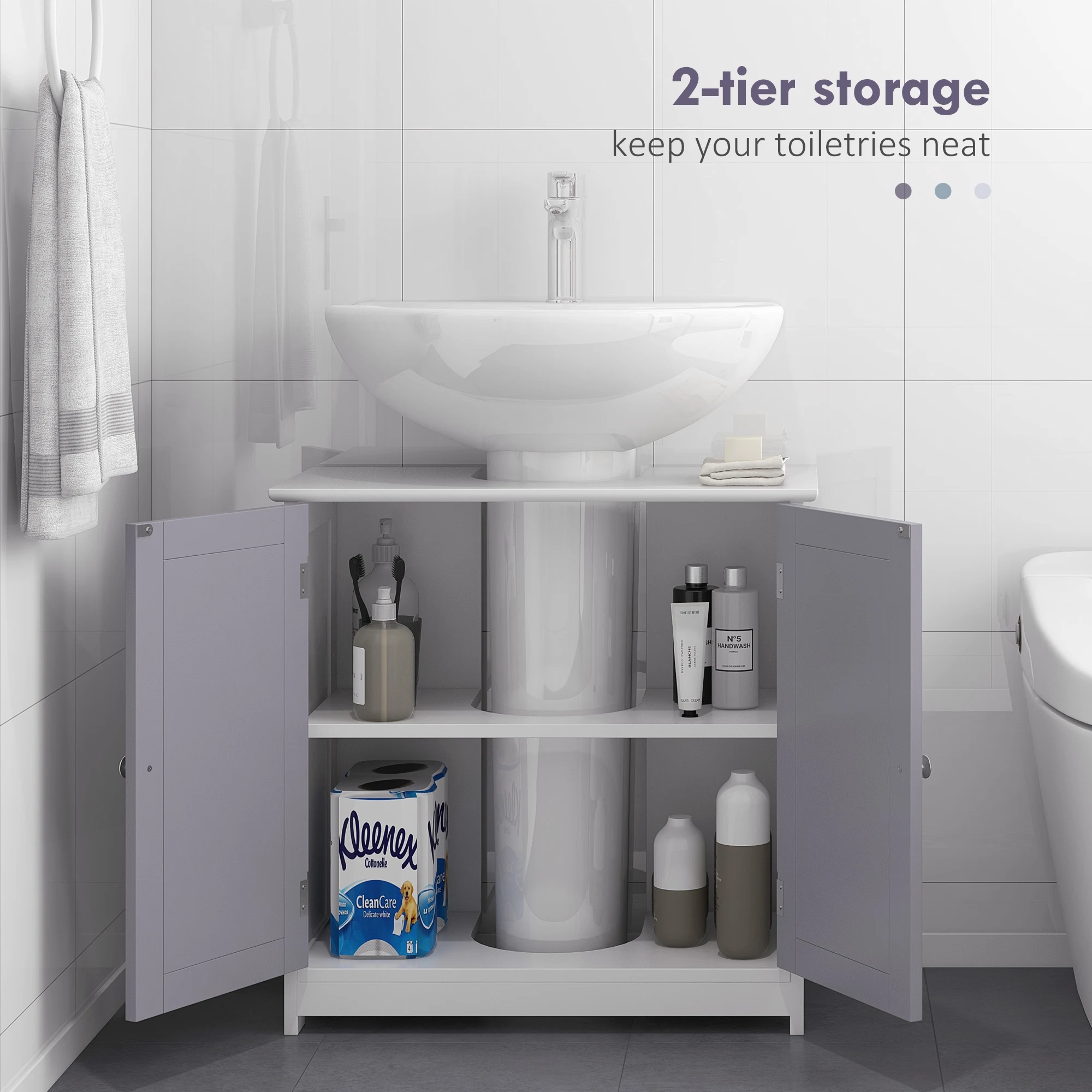 kleankin 60x60cm Under-Sink Storage Cabinet w/ Adjustable Shelf Grey White
