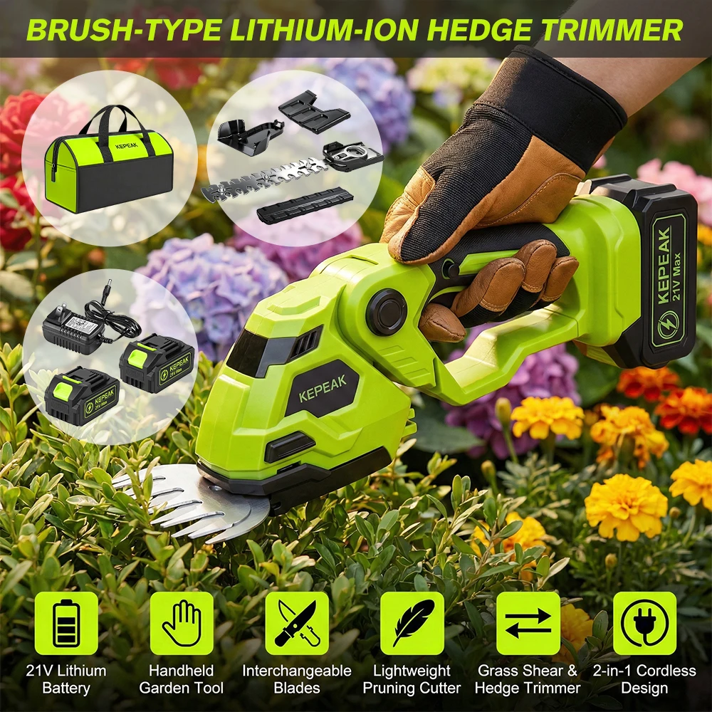 

Cordless 21V Lithium Hedge Trimmer, 2-in-1 Electric Grass Shear & Pruning Tool with Adjustable Head and Sharp SK5 Blades for Garden Care
